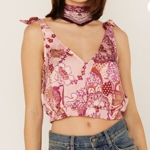 Free People Weekend In Montauk Crop Top Pink Floral V-Neck Small